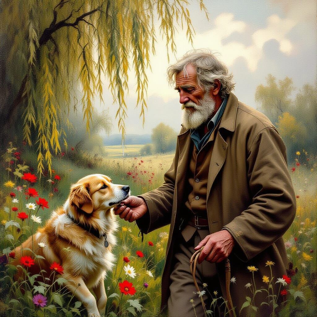 Elderly Man and Dog in Romantic Landscape Oil Painting