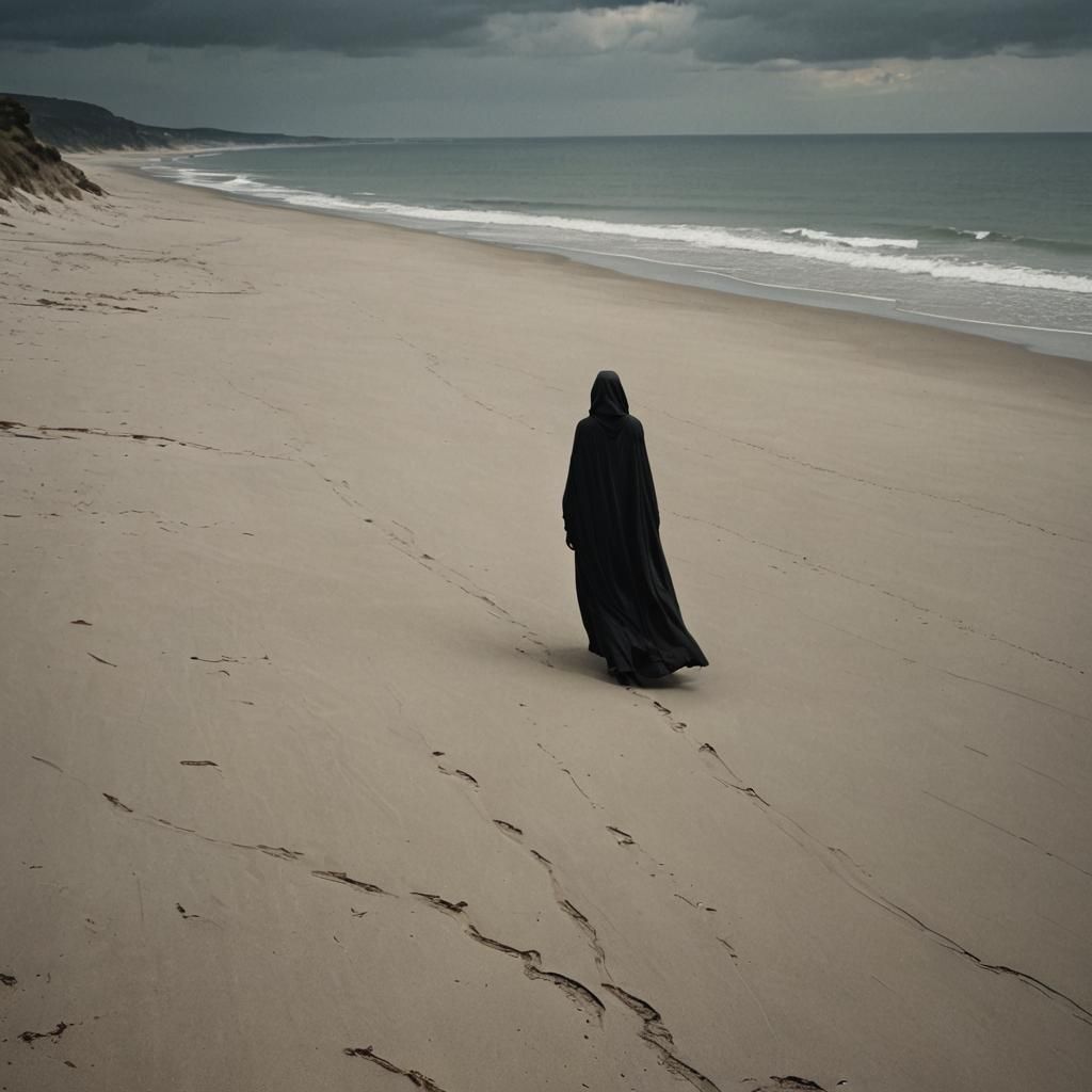 Mysterious Woman Walks on Beach in Sinister Style