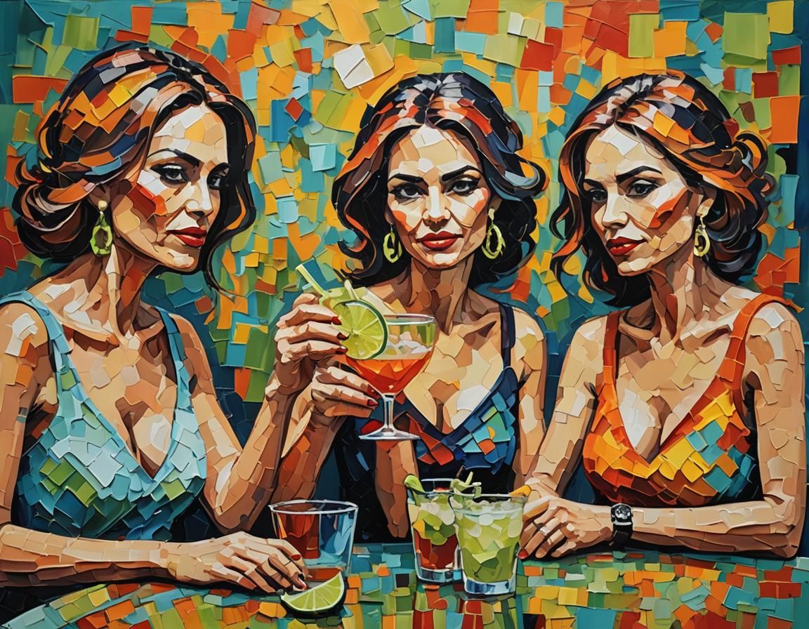 Women at Bar Drinking Margaritas as Impasto Painting