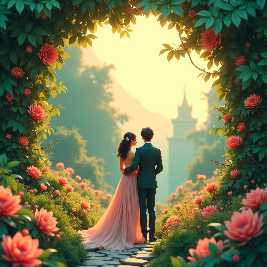 Couple Gazing at Blooming Garden in Kirigami Style