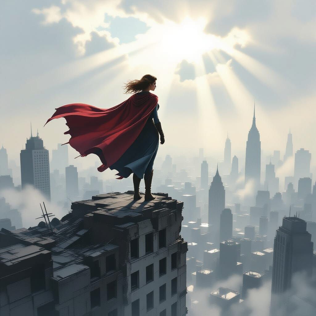 Vintage Heroine Surveys Post-Apocalyptic City in Digital Wat...