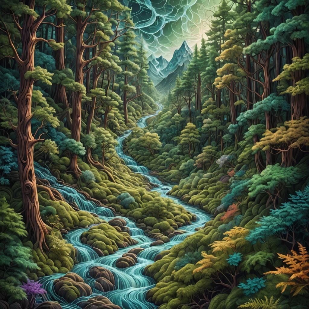 Mystical Forest Stream with Astral Energy