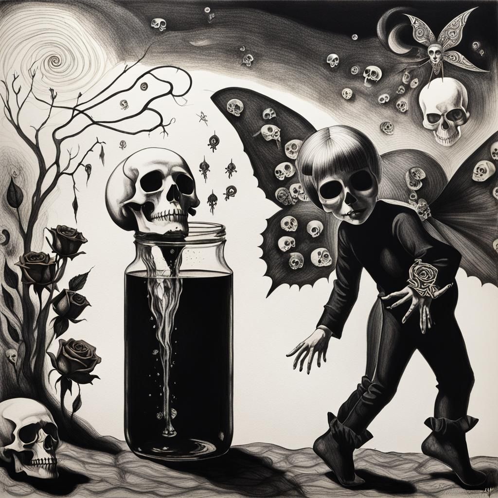 Goth Woman in Surreal Crayon Drawing with Fairy