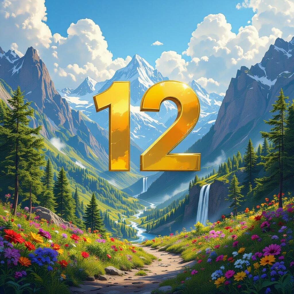 Vibrant Mountain Landscape with Golden Number