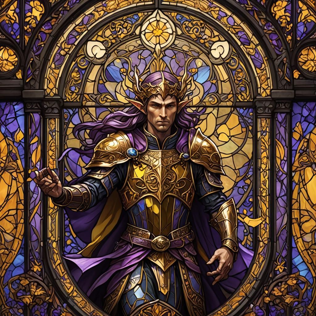 Medieval Stained Glass Battle: Human vs Elf