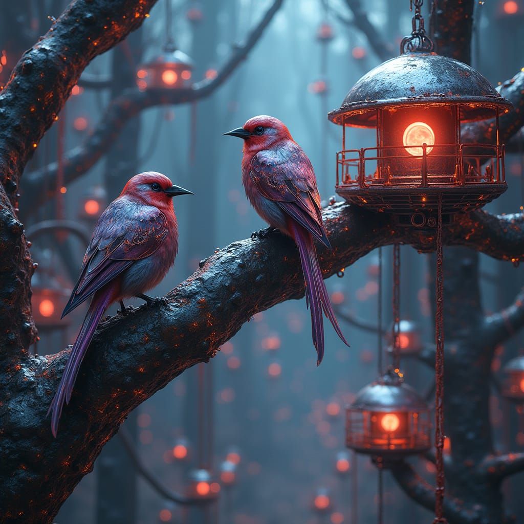 Cyberpunk Birds on a Futuristic Steel Tree