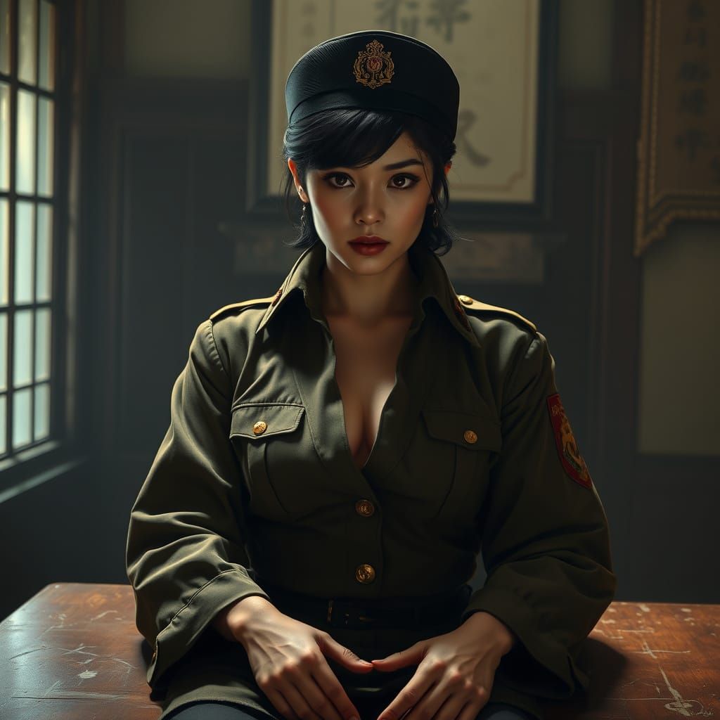 Elegant Asian Warrior in Military Attire