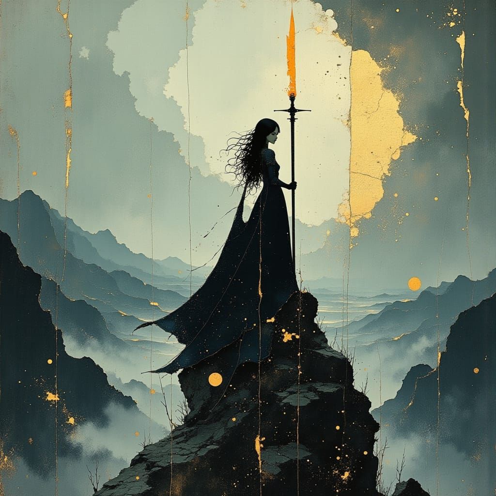Raven-Haired Knight with Flaming Sword in Epic Landscape
