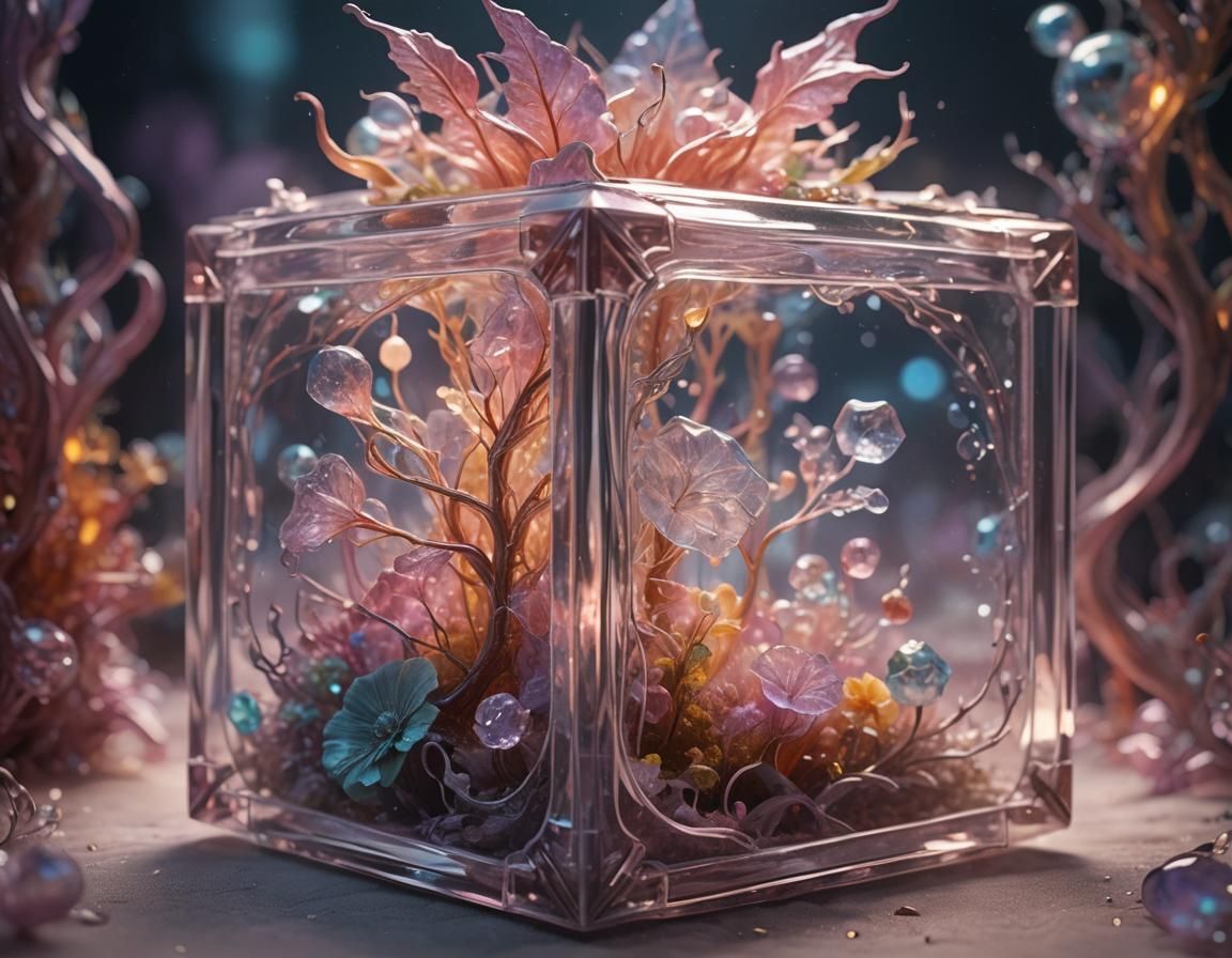 Magical Fantasy World in Glass Cube, Hyperrealistic Art
