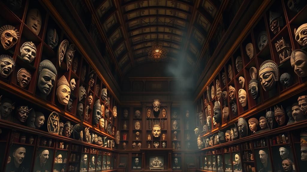Ghosts Haunt Masks in Ethereal Museum Scene