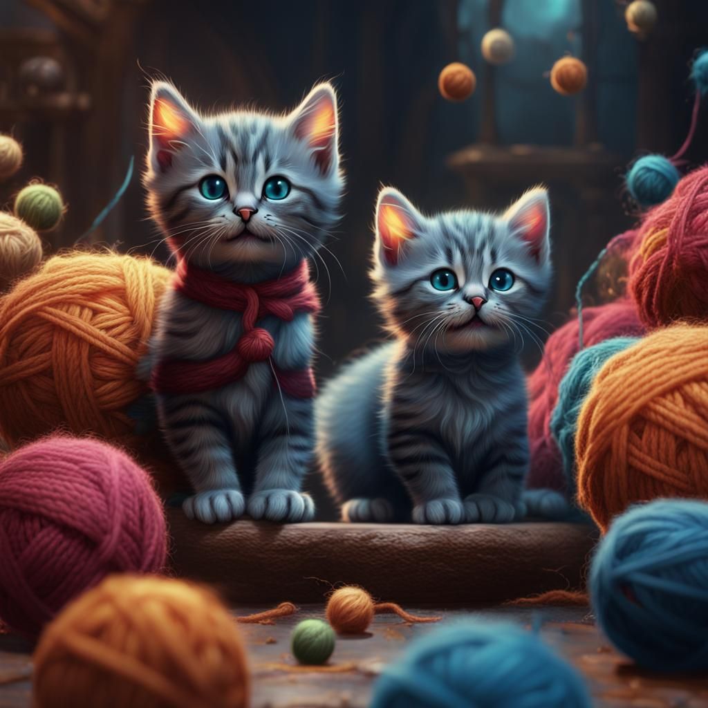 Playful Kittens with Wool: Detailed Digital Art