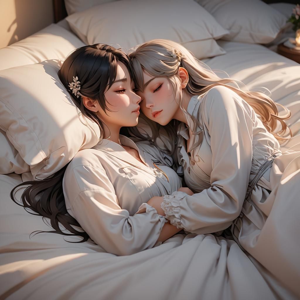 Romantic Anime Girls Kiss in 3D Art Style