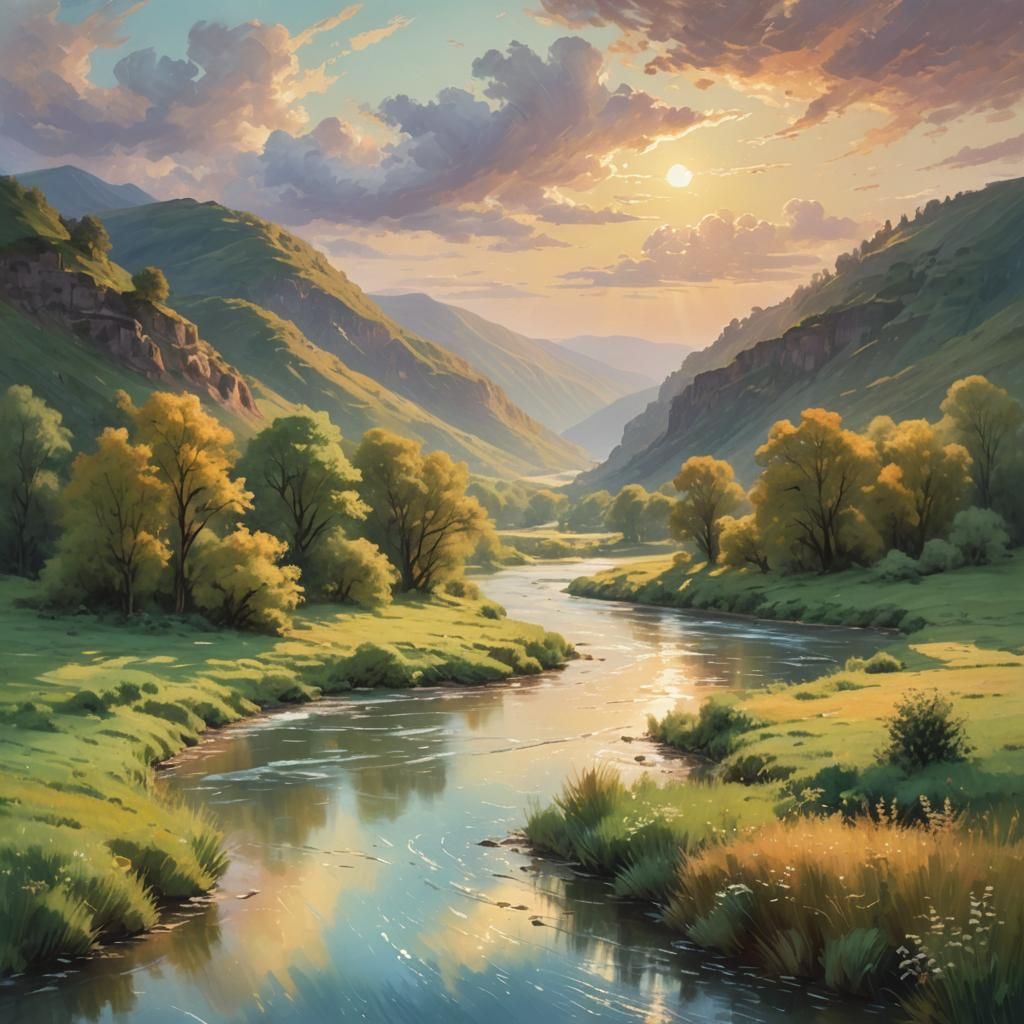 Glowing River in Lush Valley: Impressionistic Dreamscape