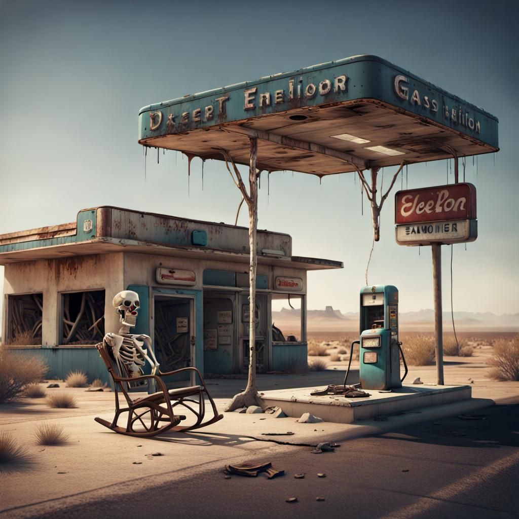 Desolate Desert Scene: Skeleton in Abandoned Gas Station