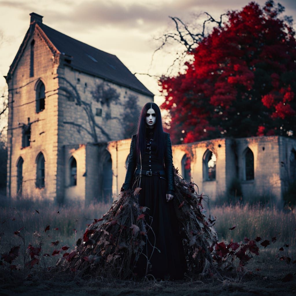 Gothic Fashion Model in Dark Fantasy Landscape