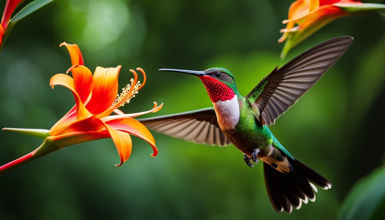 Hummingbird in Flight Near Heliconia Flower