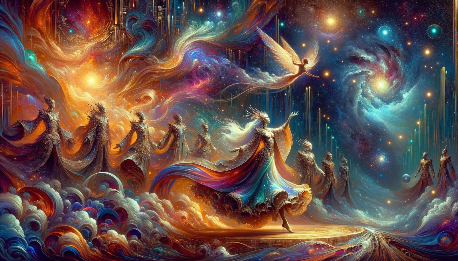 Vibrant Space Opera Digital Illustration with Glowing Highli...