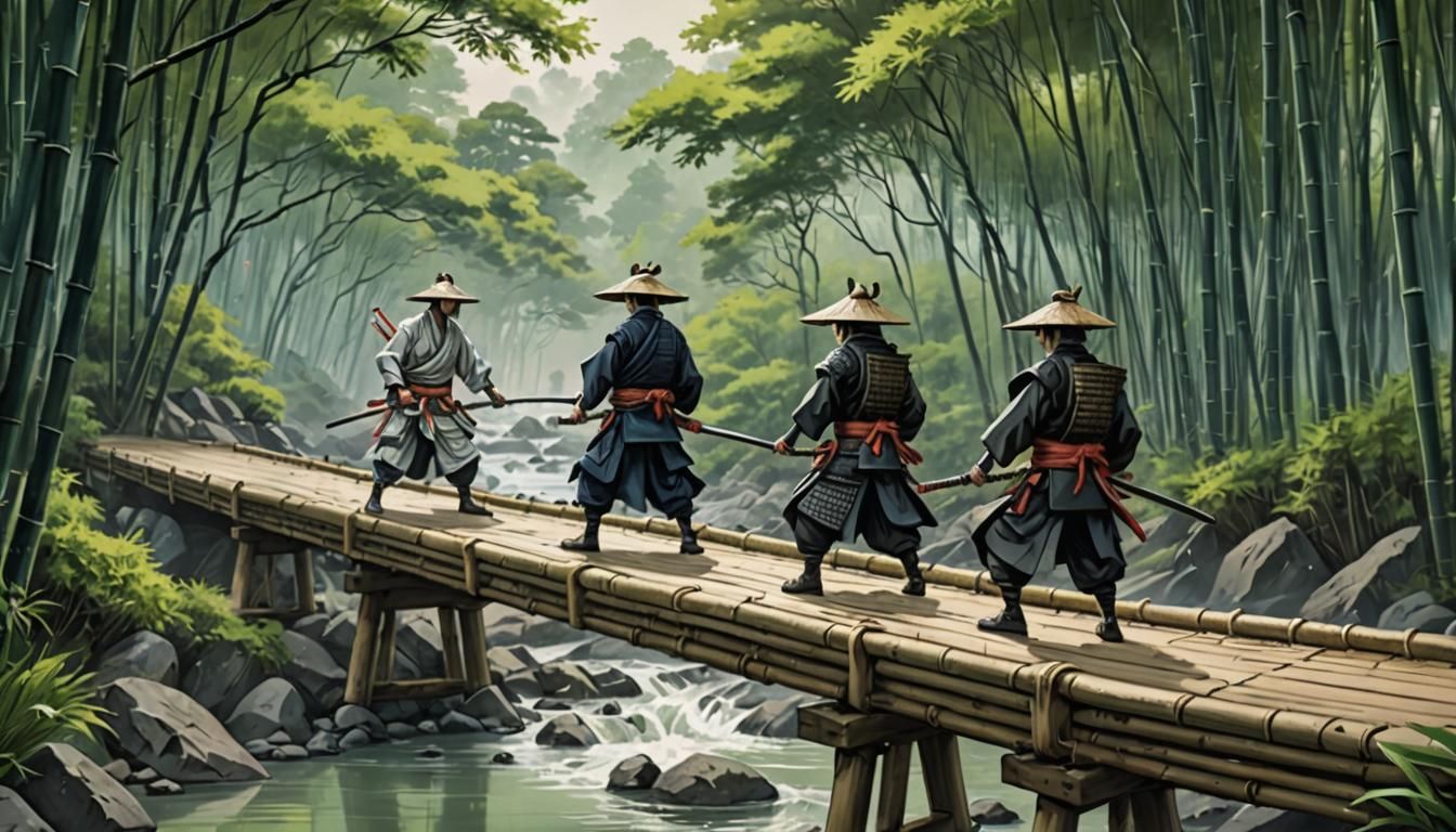 Two samurai fighting with katanas on a bamboo bridge over a river in a mystical feudal Japan forest, highly detailed ani...