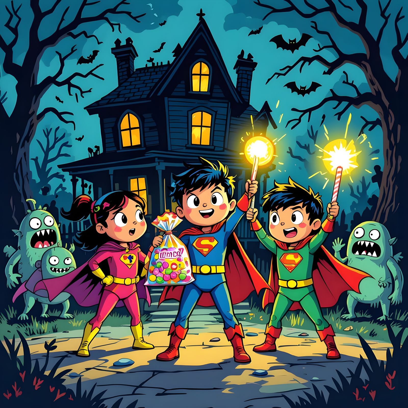 Children vs Silly Monsters Halloween Scene Comic Book Style