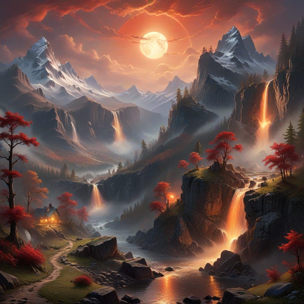 Surreal Moonlit Mountain Range in Ethereal Fantasy Style