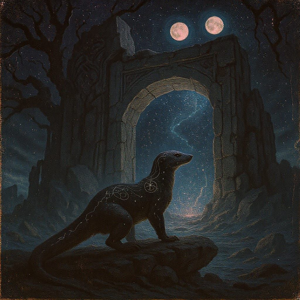 Ancient Mongoose Guards Cosmic Gateway in Dark Fantasy Style