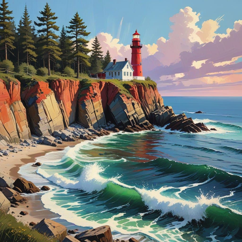 Vibrant Red Lighthouse on Snowy Rocky Cliff