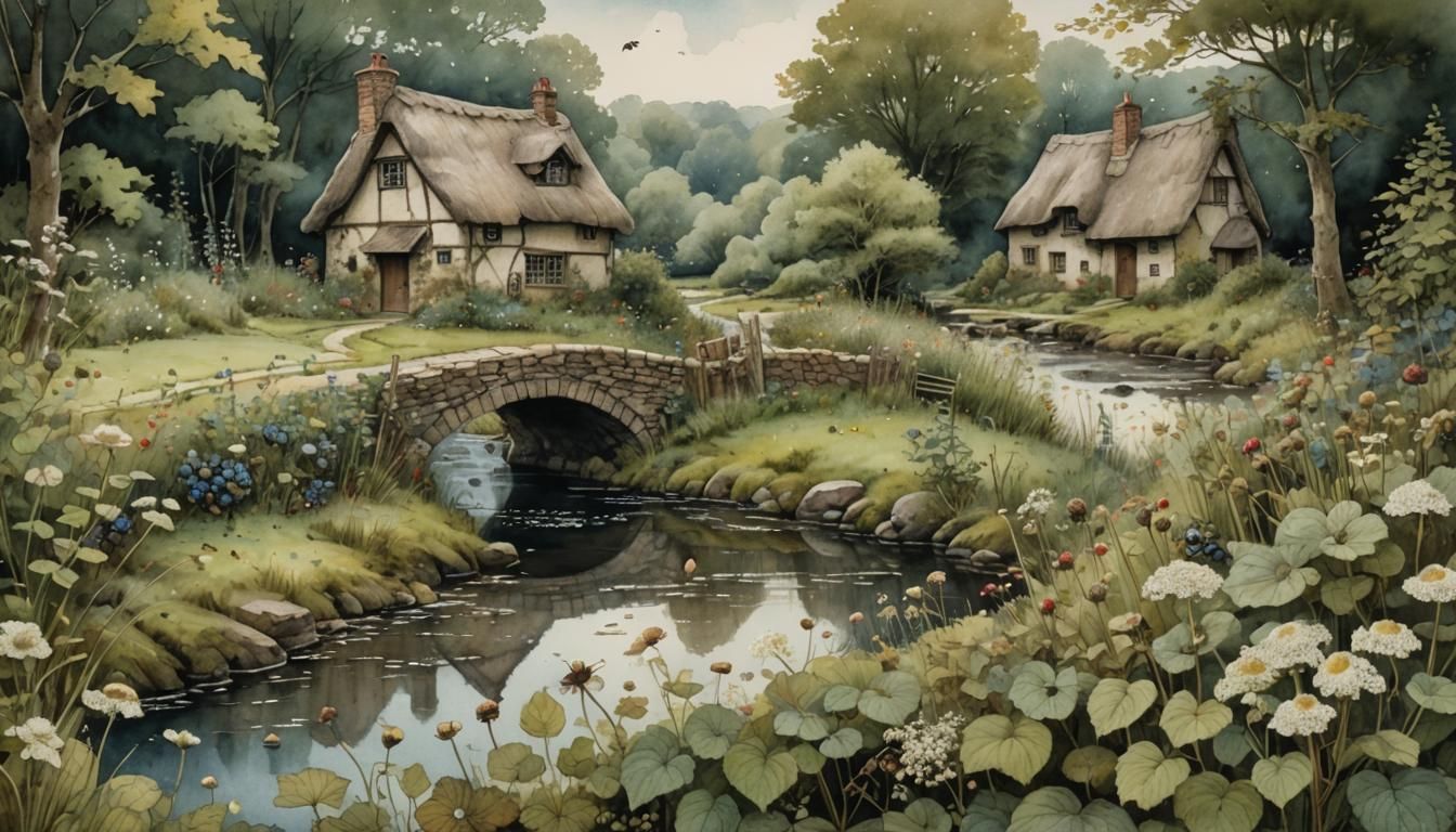 Enchanted Woodland Garden with Elf, Watercolor Illustration