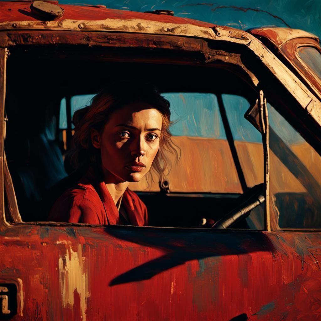 Kristina's Moody Drive to Aswan: Dark Expressionist Oil Pain...