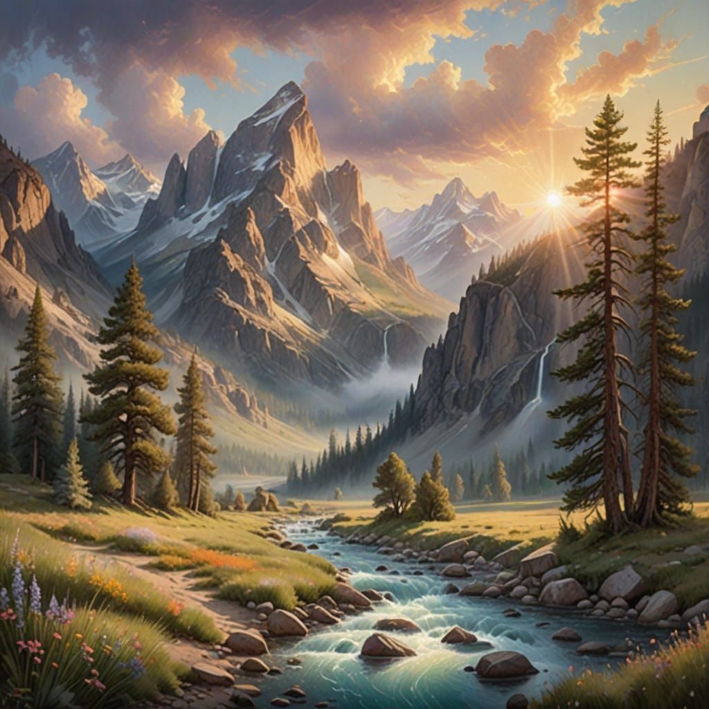 Ethereal Wyoming Mountain Landscape in Romantic Watercolor S...