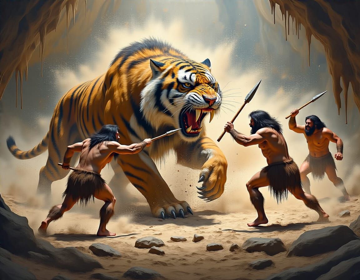 Cavemen Versus Saber-Toothed Tiger: Impasto Oil Painting