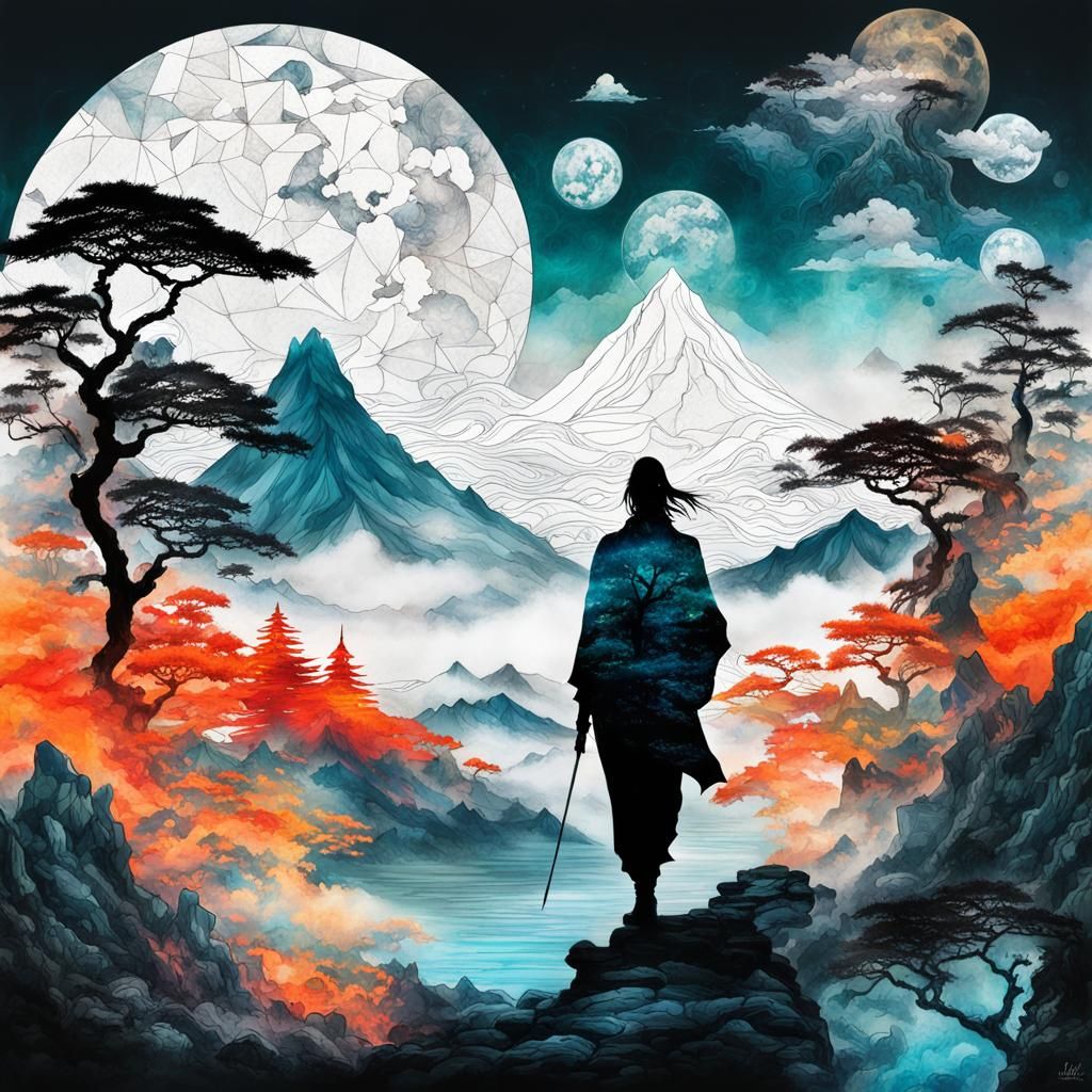 Surreal Multi-Moon Silhouette in Japanese Ink Art