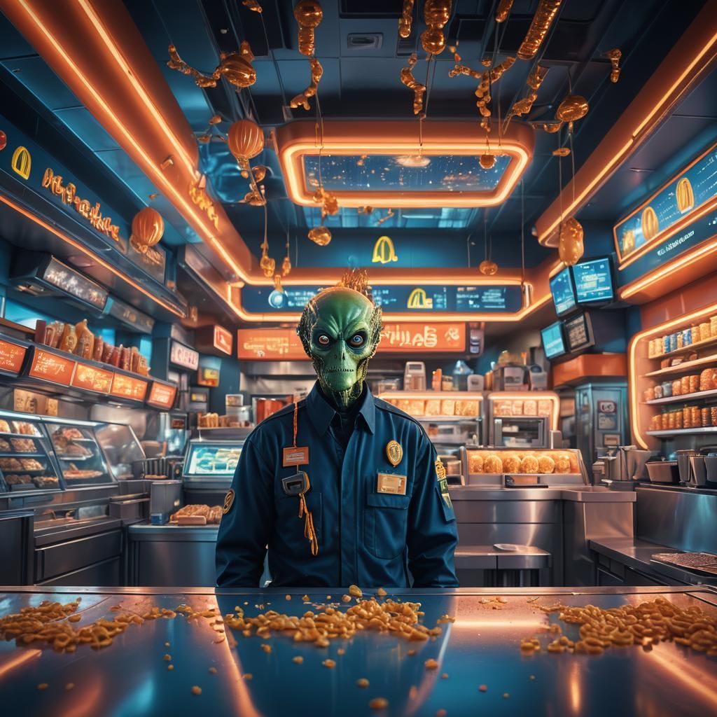 Alien McDonald's Employee in a Futuristic Restaurant
