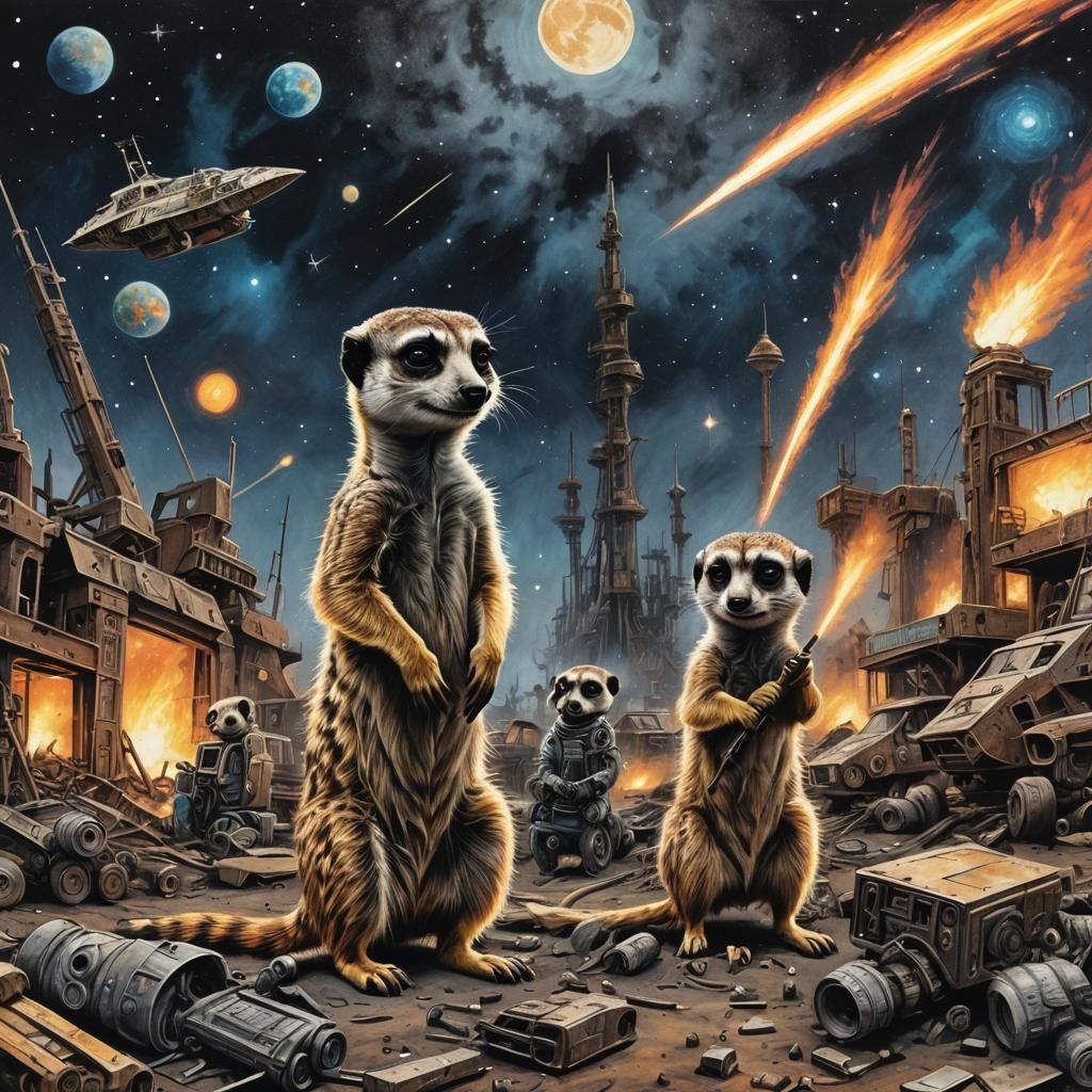 Cinematic Meerkat War in Junkyard Charcoal Drawing