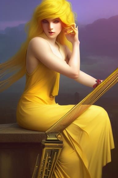 Woman with Harp at Sunrise: Hyperdetailed Portrait