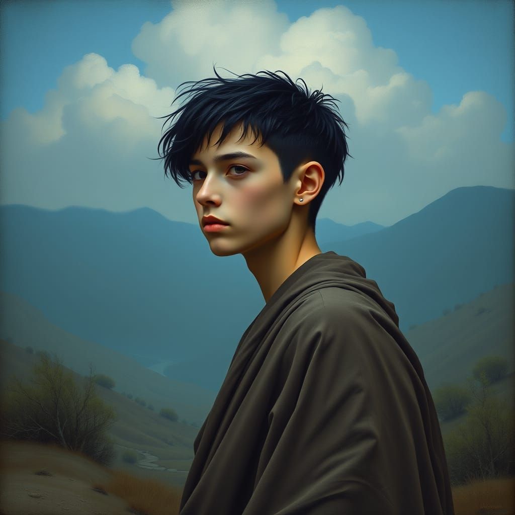 Androgynous Youth in Ethereal Landscape