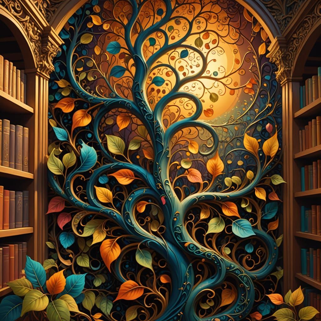 Surrealist Library with Scrolls and Seedpods as Oil Painting