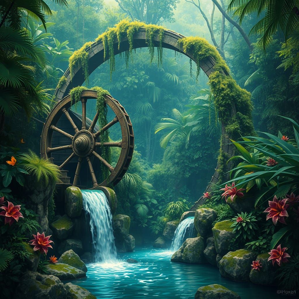 Ancient Waterwheel in Lush Jungle Paradise