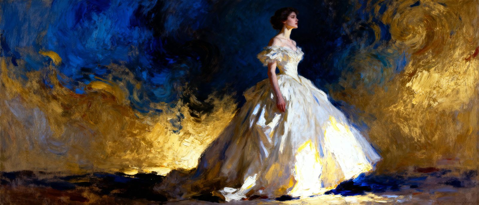 Elegant Woman in Flowing Gown, Impasto Oil Painting Style