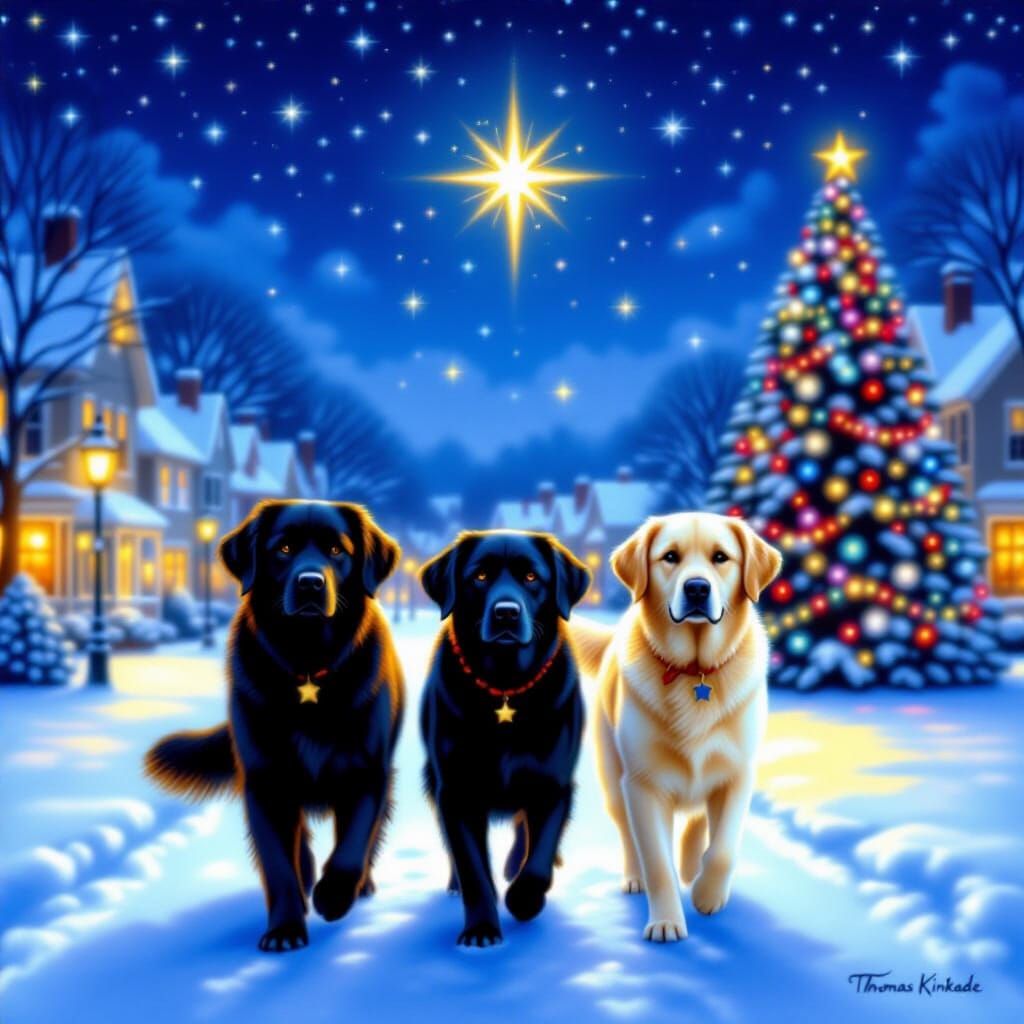 Labrador Trio Under Star of Bethlehem, Christmas Tree Lights