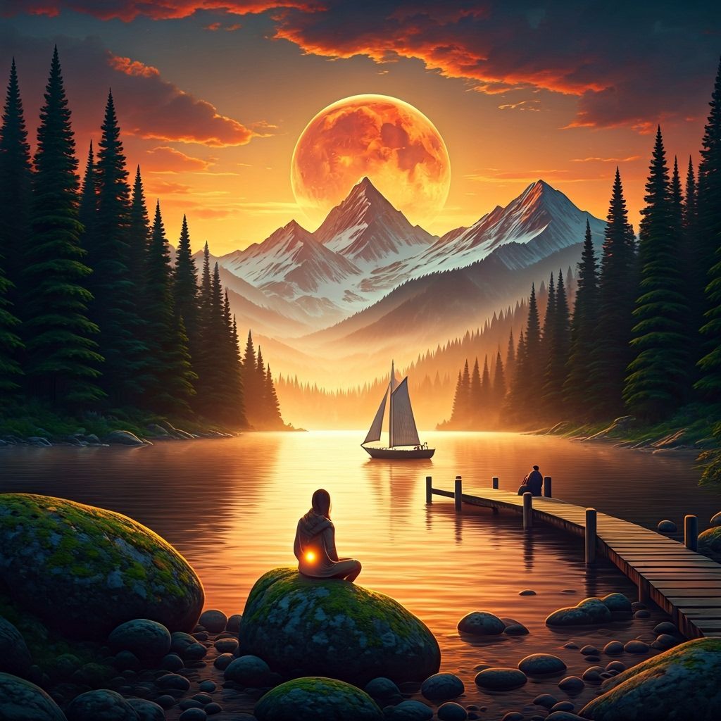 Serene Figure by Stream Under Moonlit Mountains