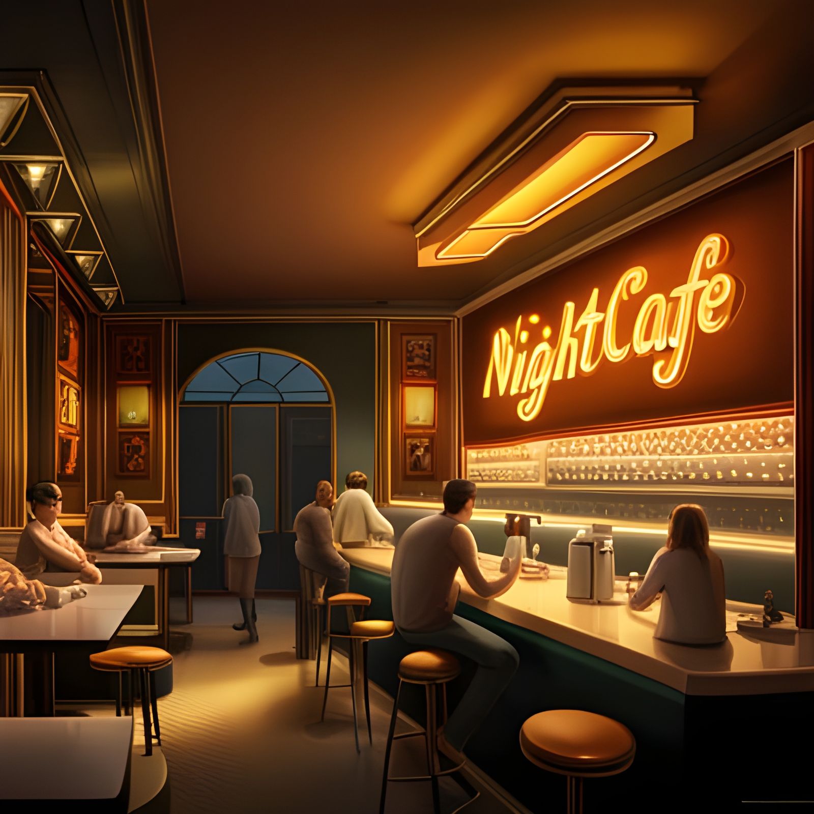 Cozy Café Bar with Neon Sign, Hyperdetailed Matte Painting