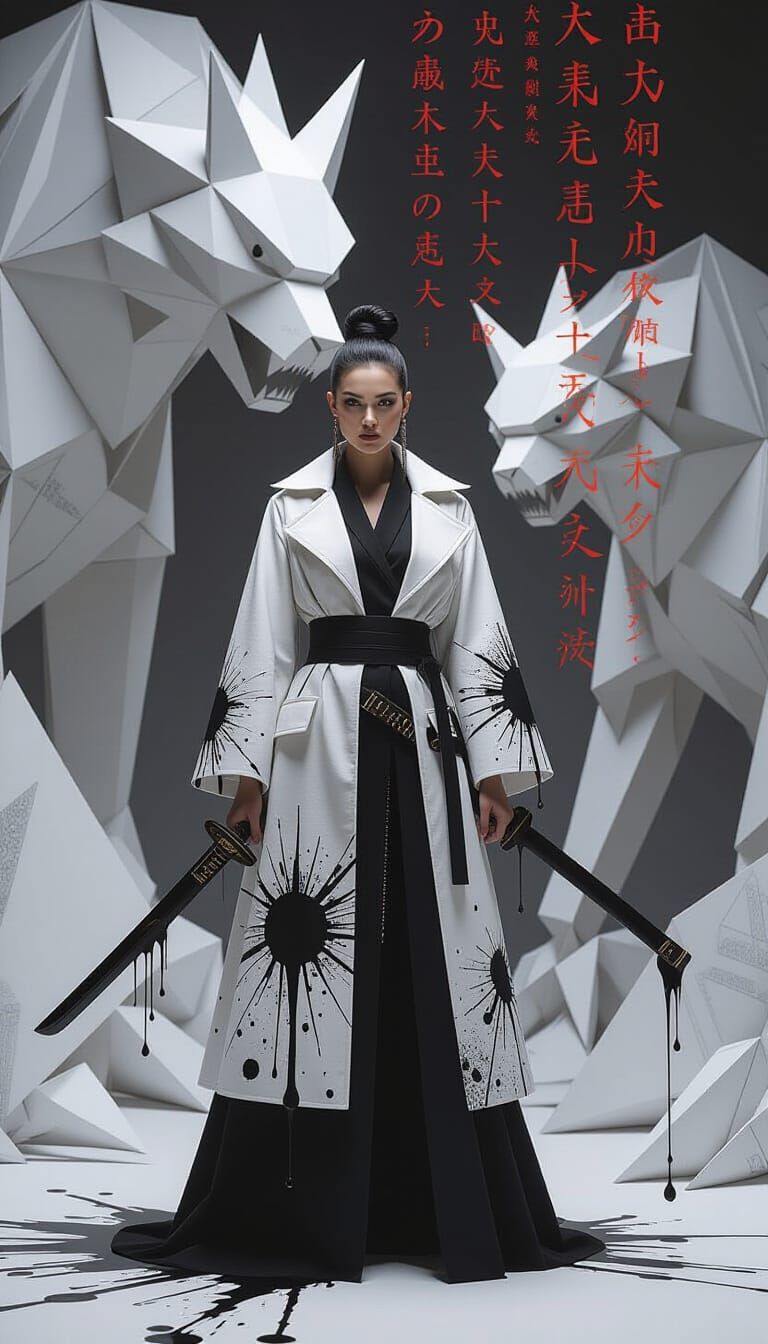Monochrome Woman with Katana in Cyberpunk Origami Scene