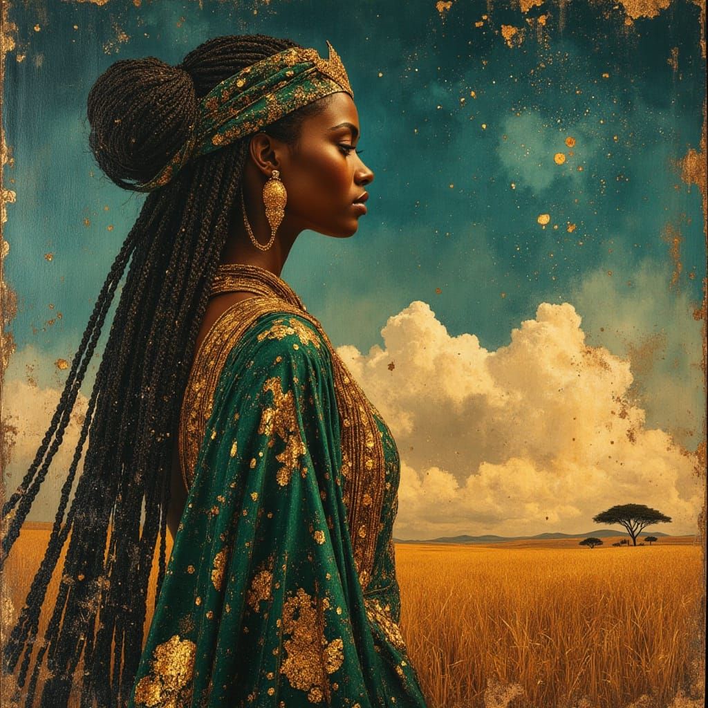 Majestic African Goddess on Windswept Savannah