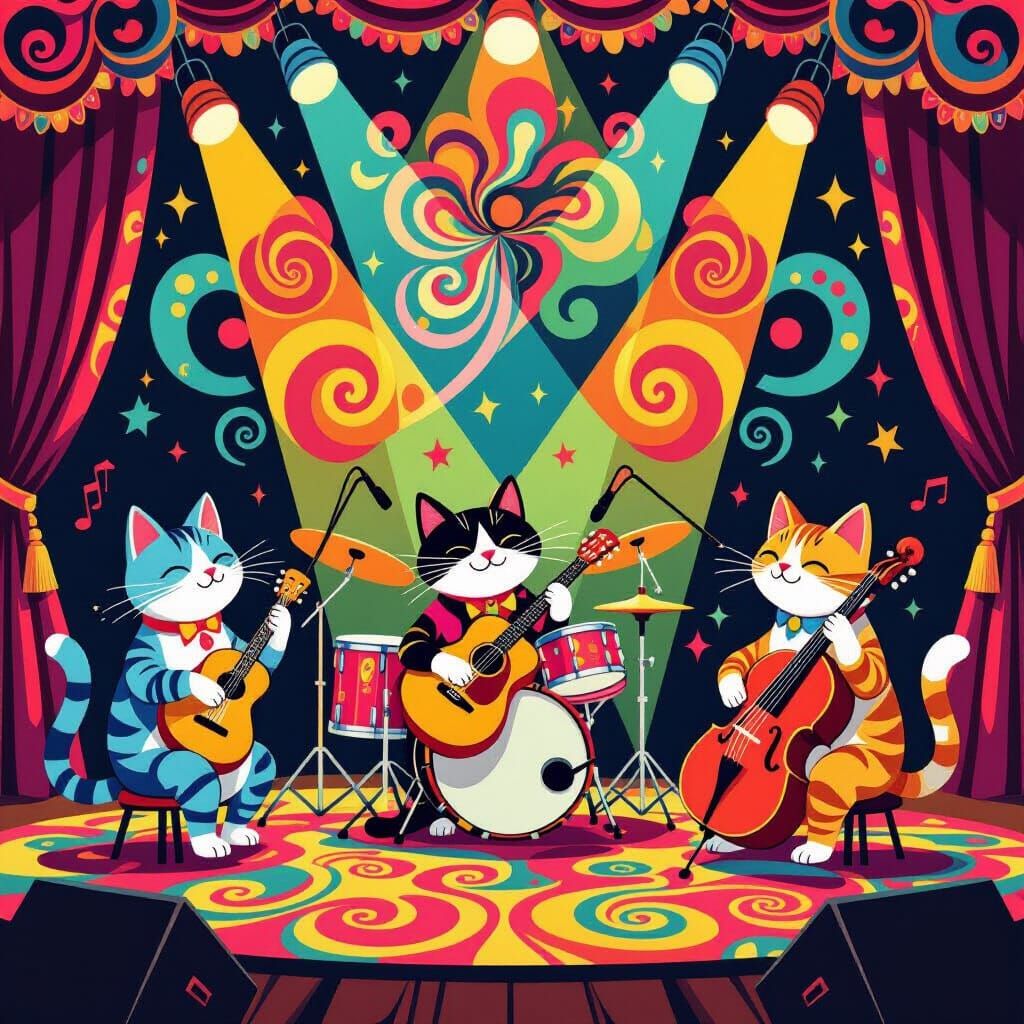 Psychedelic Cats Play Music on Vibrant Stage