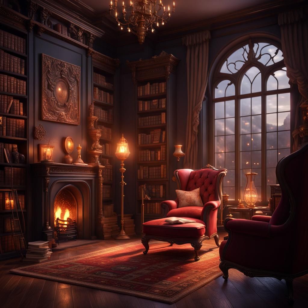 Romantic Library with Fireplace: Fantasy Concept Art