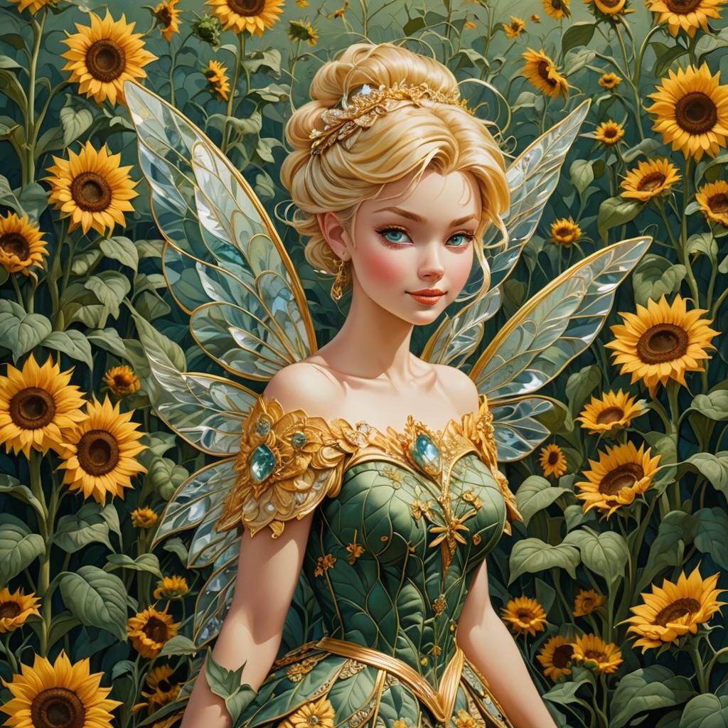 Crystal-Winged Fairy in Sunflower Field: Quilted Art