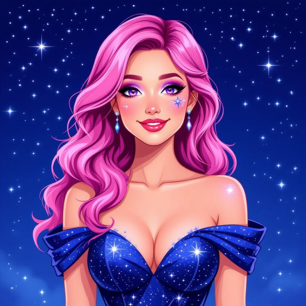 Starry Night Portrait of Pink-Haired Woman