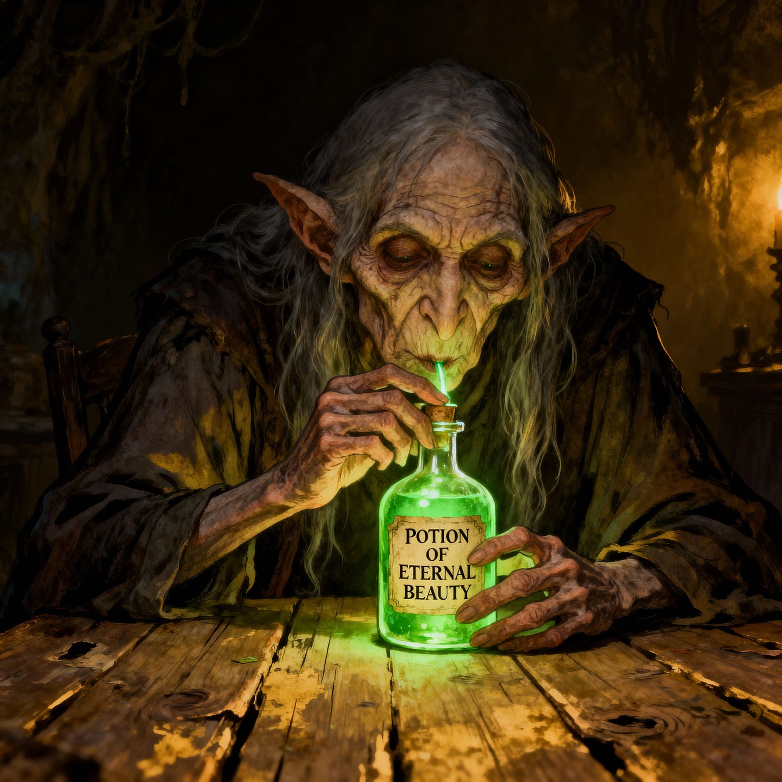 Grotesque Witch Drinks Glowing Green Potion