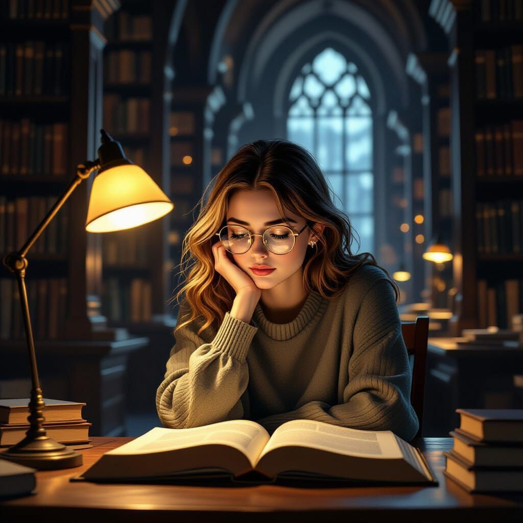 Shy Woman Studying in Dimly Lit Library
