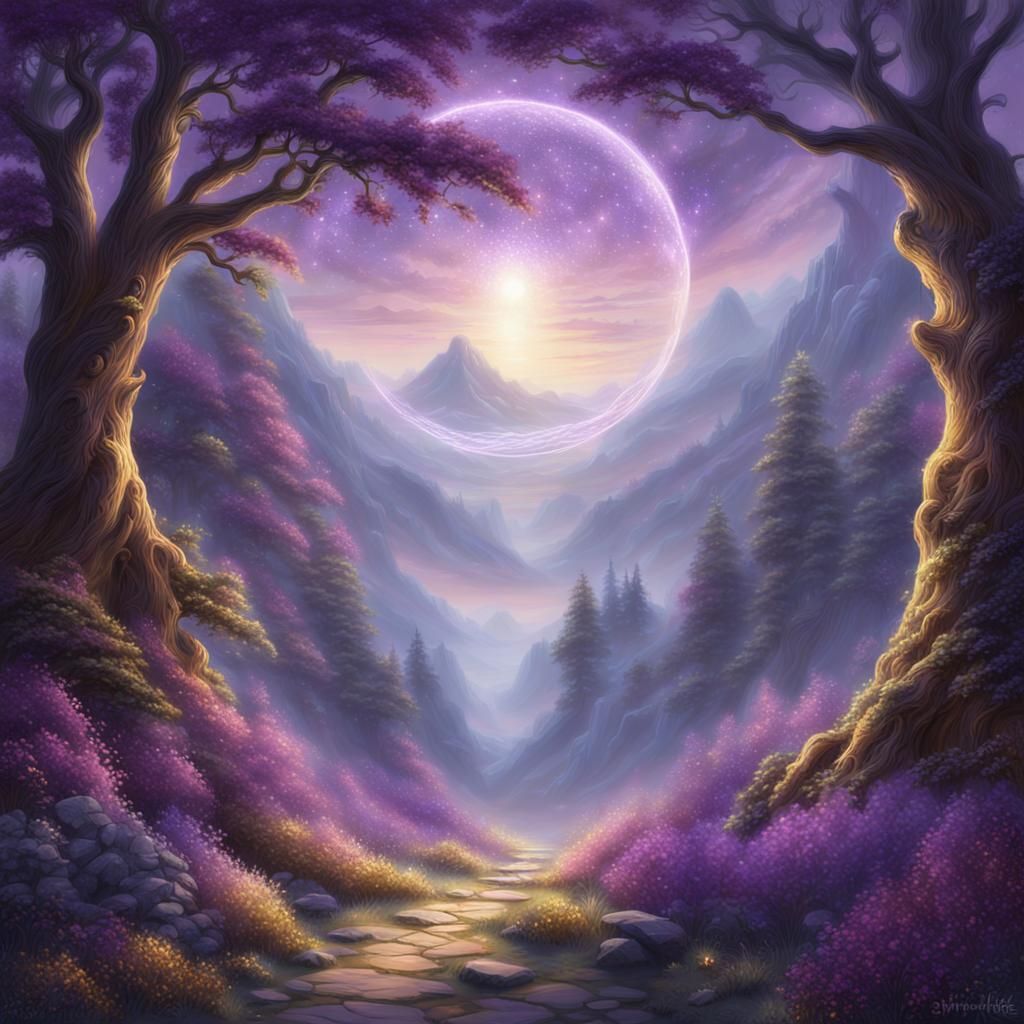 Sparkling Purple Portal in Misty Mountains